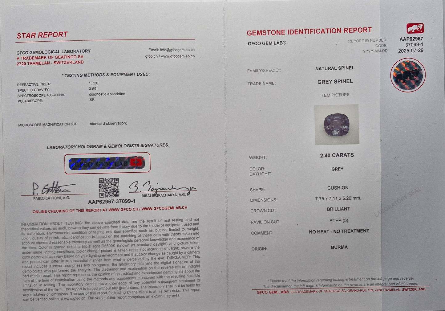Grauer Spinel 2.40ct – Antikoval, Burma, unbehandelt
