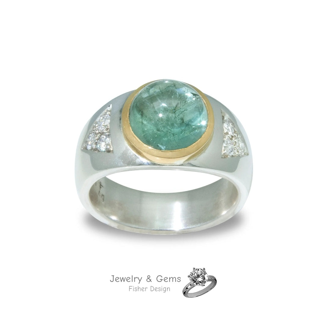 Turmalin Ring Unikat 4.7ct mit 6 Diamanten à 2.20mm. – Silber 925 & Gelbgold 750