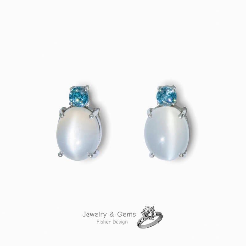 Boucles d'oreilles clous oeil de chat pierre de lune et zircon bleu