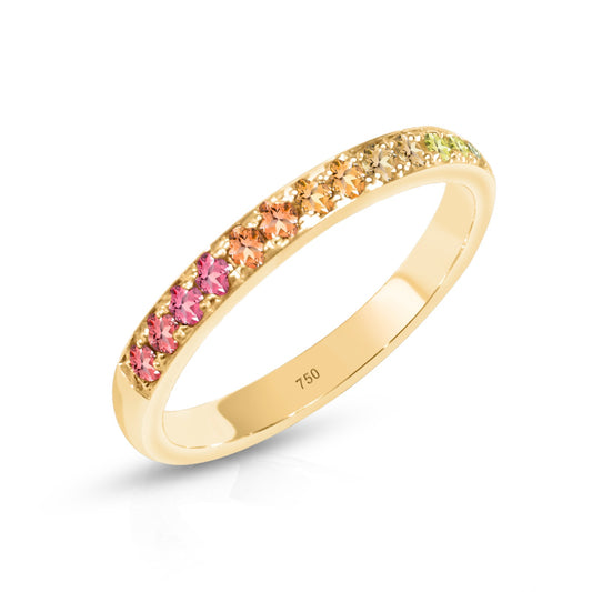 Exklusiver Alliance-Ring aus 18K Gelbgold mit natürlichen Multicolor-Saphiren. Hochwertige Handarbeit & funkelndes Farbspiel der Edelsteine.