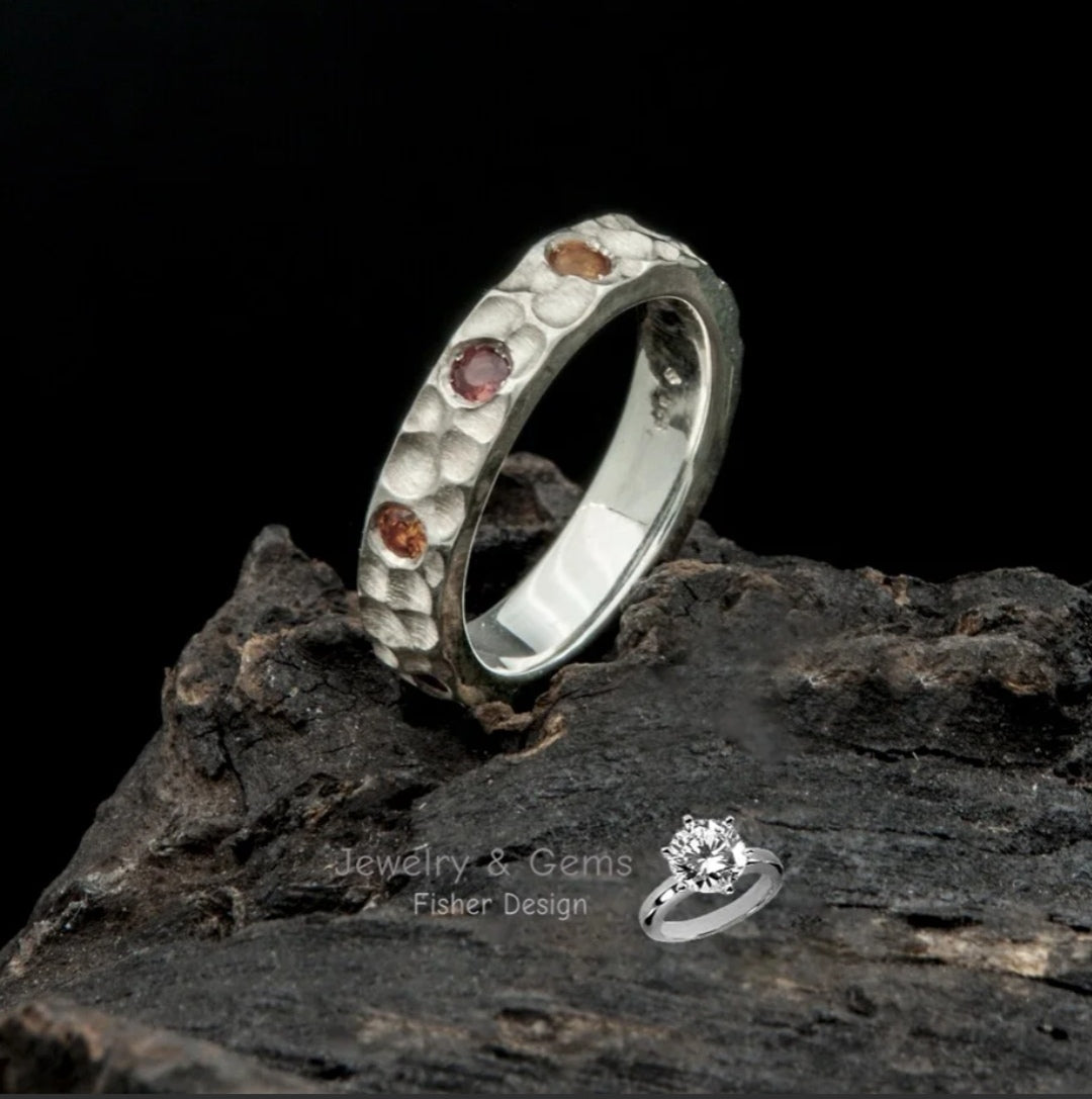 Handgefertigter Struktur-Ring mit Multicolor-Saphiren | 925 Silber | Einzigartiger Unikatschmuck