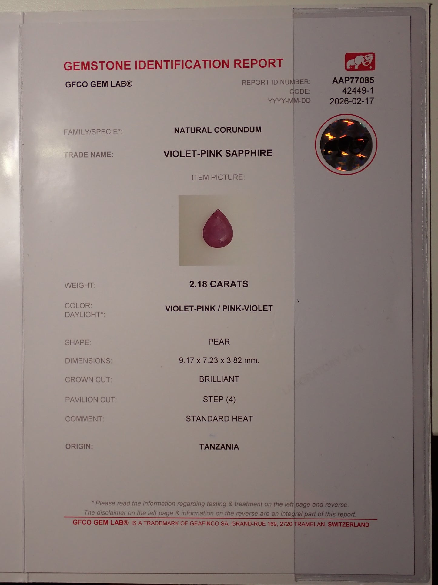 Violett Pinker Saphir 2.18 ct Tropfenschliff – Seltener Edelstein aus Tansania mit GFCO Zertifikat