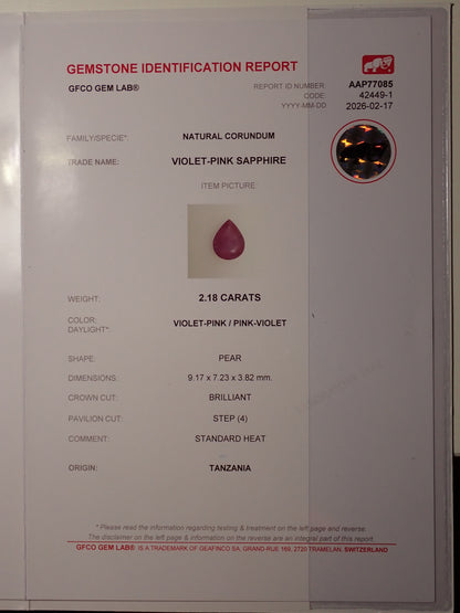 Violett Pinker Saphir 2.18 ct Tropfenschliff – Seltener Edelstein aus Tansania mit GFCO Zertifikat