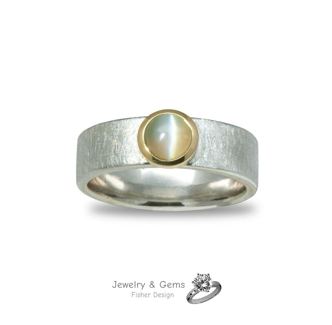 Chrysoberyll Katzenauge Ring Silber m. Gelbgold 750 Fassung - Jewelry & Gems - Fisher Design