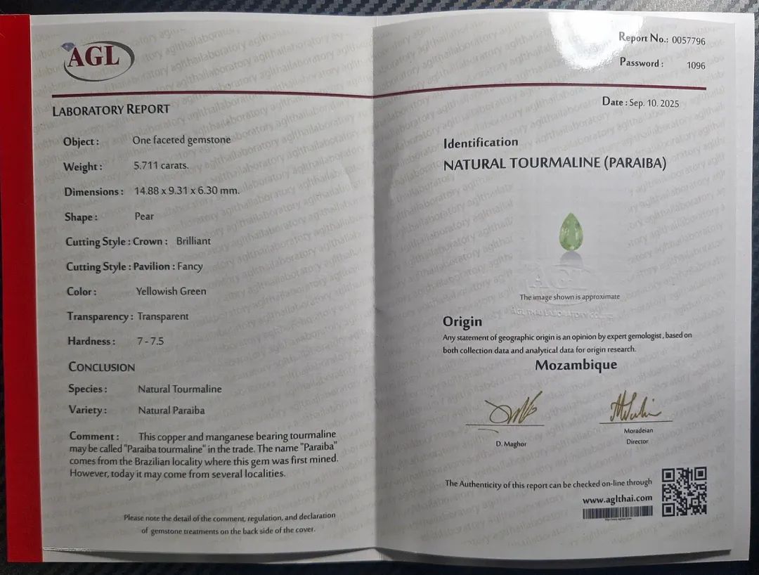 Paraiba Turmalin 5.71ct Tropfen, AGL Zertifikat, Mosambik