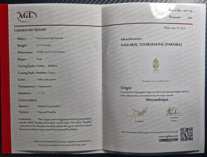 Paraiba Turmalin 5.71ct Tropfen, AGL Zertifikat, Mosambik