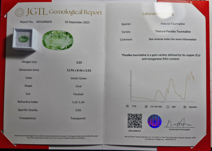 Paraiba Turmalin 3.25ct mit Nadeln, JGTL Zertifikat