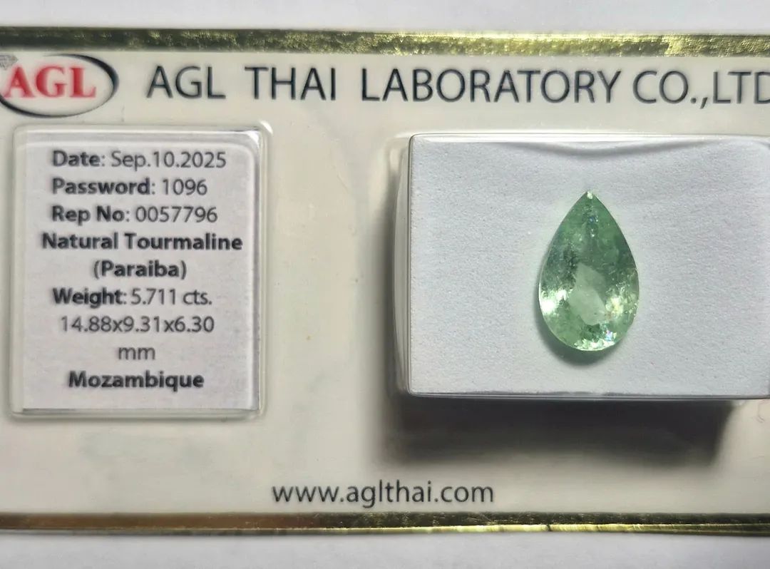 Paraiba Turmalin 5.71ct Tropfen, AGL Zertifikat, Mosambik