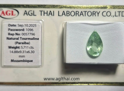 Paraiba Turmalin 5.71ct Tropfen, AGL Zertifikat, Mosambik
